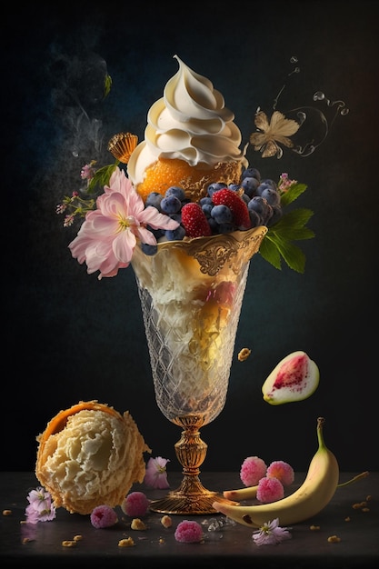 Картина чашки мороженого с бабочкой на ней.