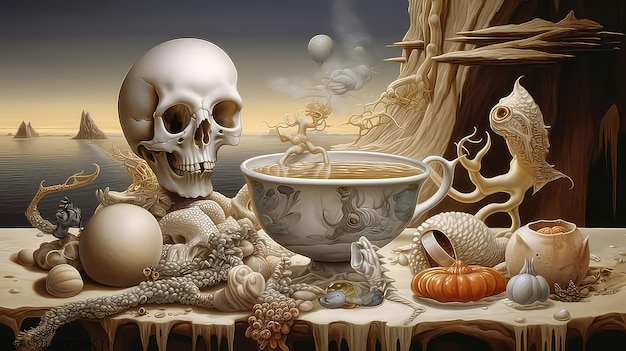 A painting of a cup of tea with a skull on it.