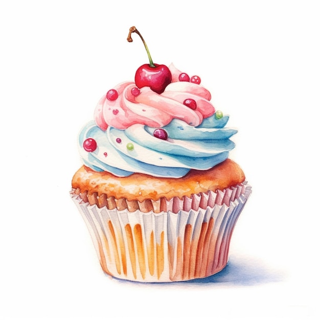 painting of a cupcake with a cherry on top generative ai