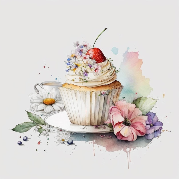 A painting of a cupcake with a flower on it