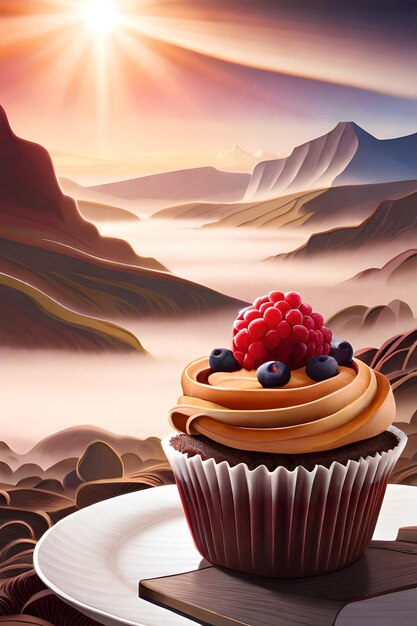 배경에 산이 있는 컵케이크 그림.