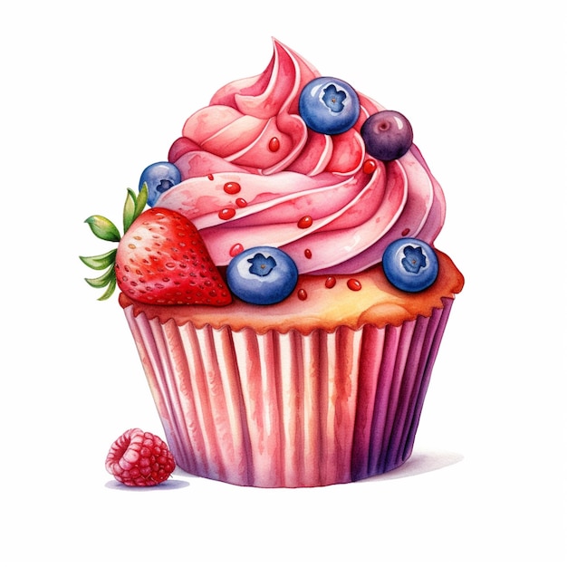 Painting of a cupcake with pink frosting and blueberries generative ai
