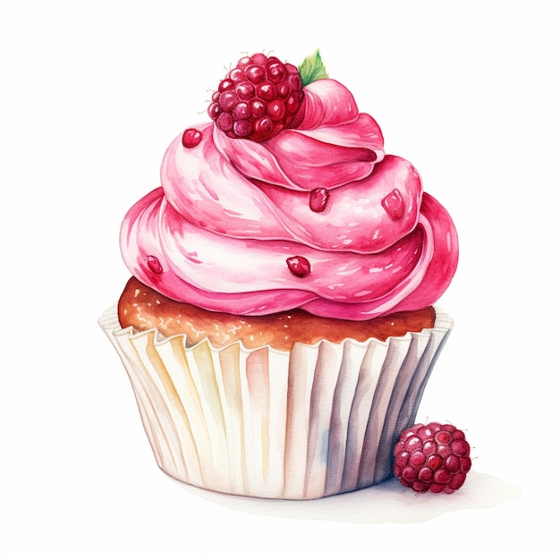 painting of a cupcake with raspberry frosting and a green leaf generative ai