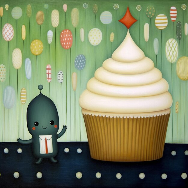 Painting of a cupcake with a red star on top and a little alien holding a candy cane generative ai