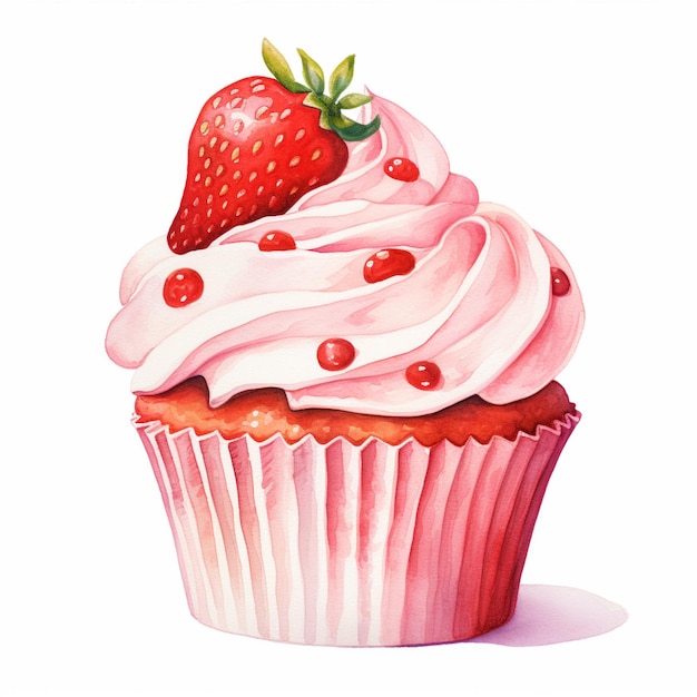 painting of a cupcake with a strawberry on top generative ai