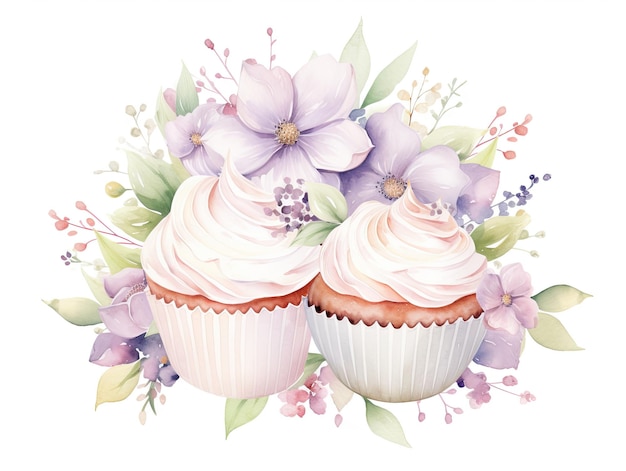 花や葉や花をつけたカップケーキの絵