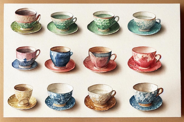 A painting of cups with the words tea on them