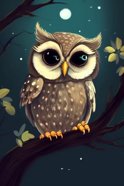 A painting of a cute owl with black eyes sits on a branch.