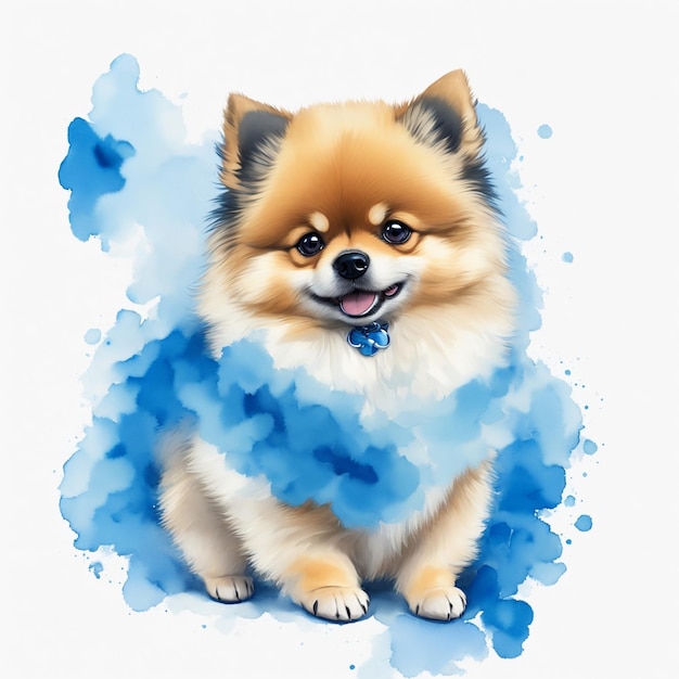 A painting of a cute pomeranian dog watercolor with blue background generative ai