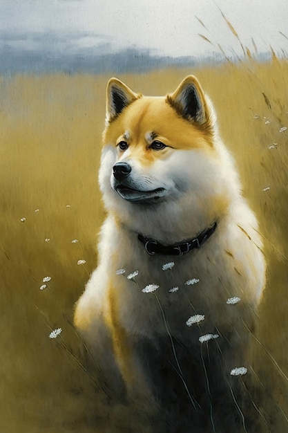 A painting of a cute Shiba Inu dog sitting in a field a photorealistic painting classical realism majestic detailed painting digital painting