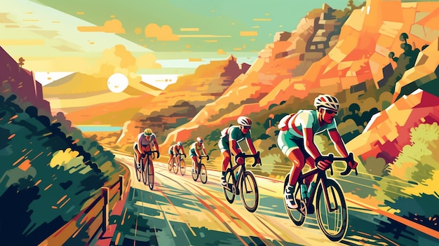 A painting of cyclists on a mountain road.