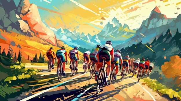 A painting of cyclists on a road with mountains in the background.