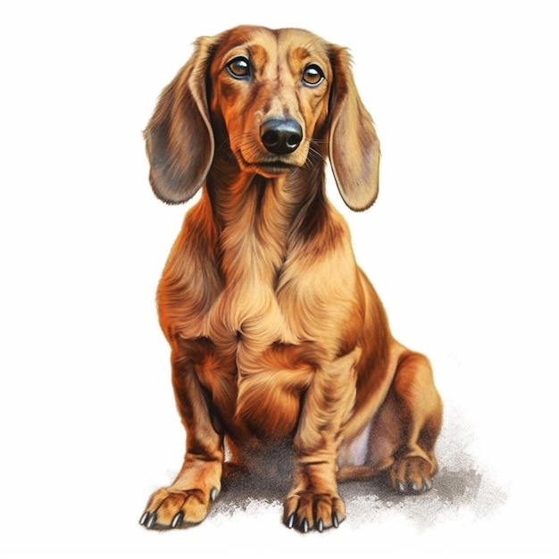 A painting of a dachshund that is sitting on the ground.