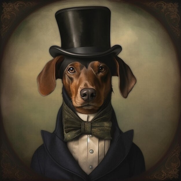 Photo painting of a dachshund wearing a top hat and bow tie generative ai