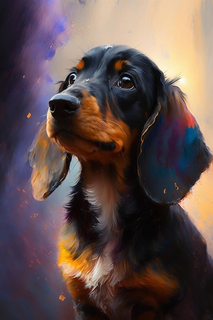 A painting of a dachshund with a colorful background.