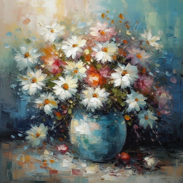 A painting of daisies in a blue vase