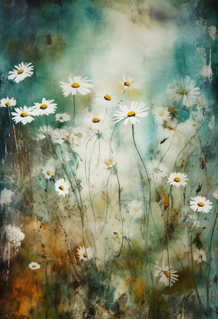 A painting of daisies in a field of grass