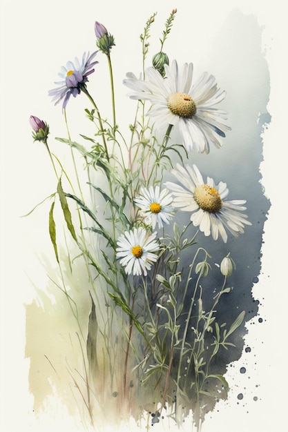 A painting of daisies and grass with a blue background.