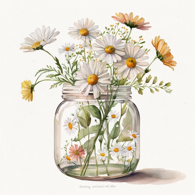 A painting of daisies in a jar with the words " spring " on it.