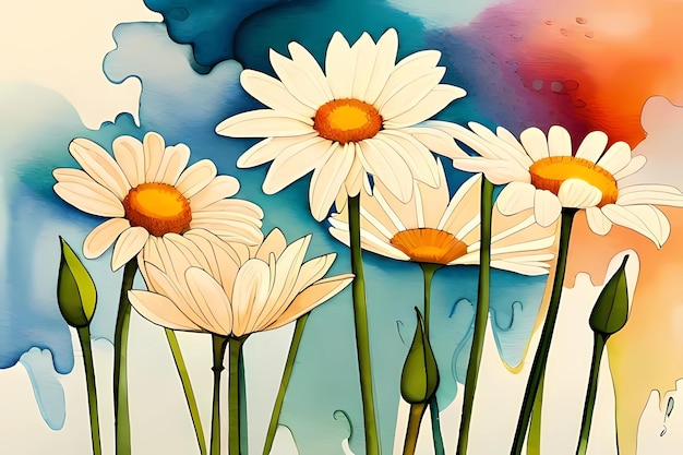 A painting of daisies with a blue background and the word daisy on the bottom.