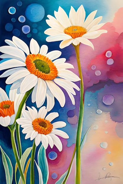 A painting of daisies with a pink background