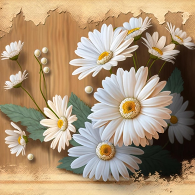 A painting of daisies on a wooden surface