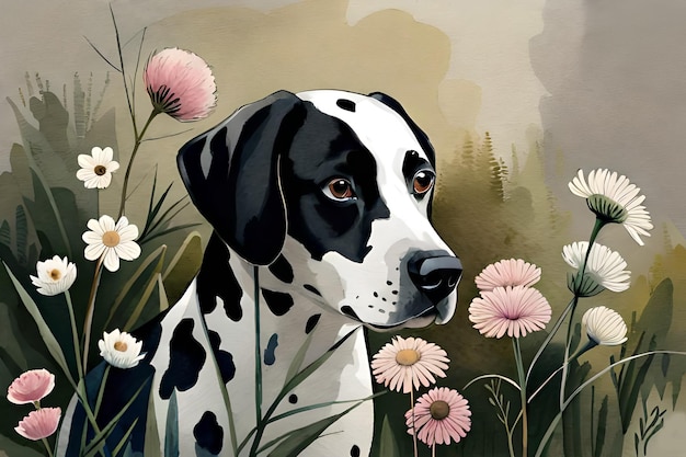 花畑に佇むダルメシアン犬の絵。