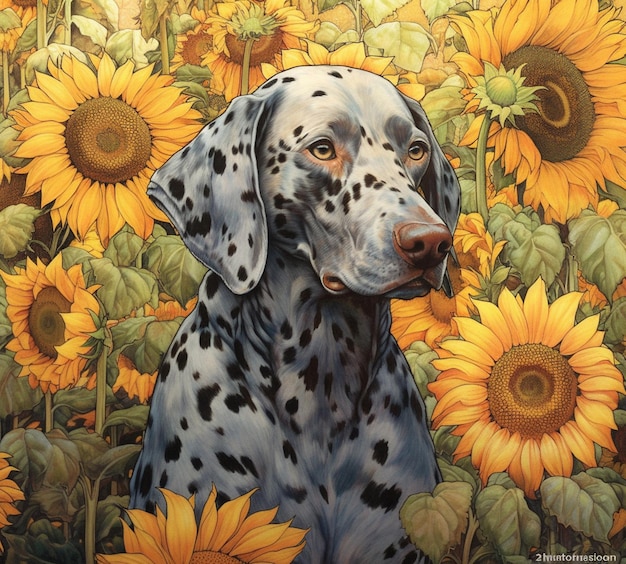 painting of dalmatian dog in sunflowers with yellow background generative ai