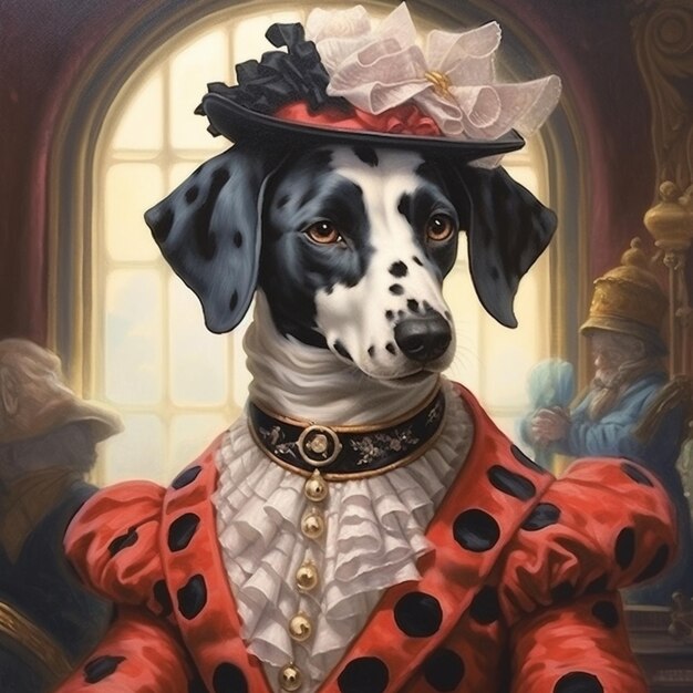 painting of a dalmatian dog wearing a red dress and a hat generative ai