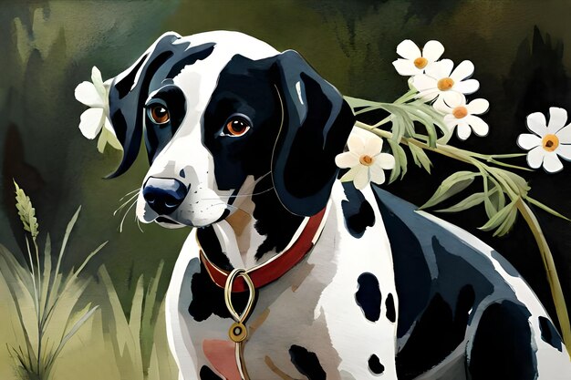 A painting of a dalmatian dog with a red collar and a red collar.