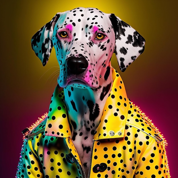 A painting of a dalmatian wearing a yellow jacket.