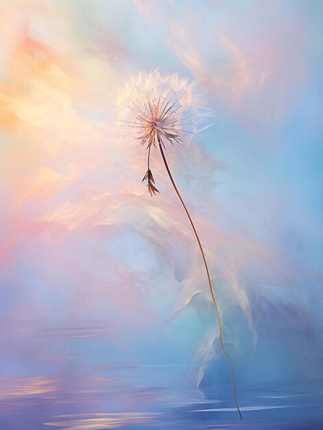 Painting of a dandelion blowing in the wind with a colorful sky background generative ai