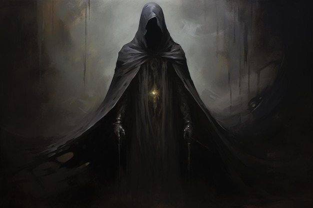 a painting of a dark figure in a dark room.