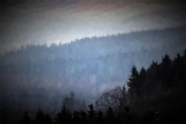 Painting dark forest in morning fog