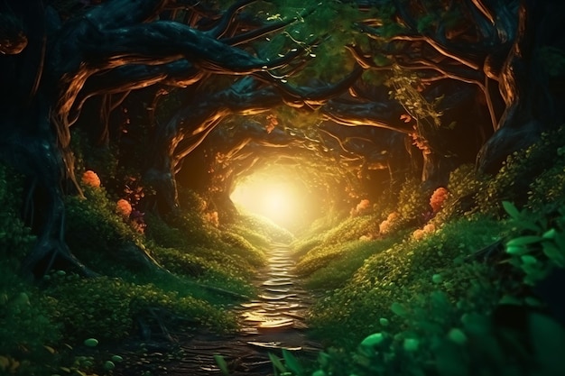 картина темный лес со светлячками