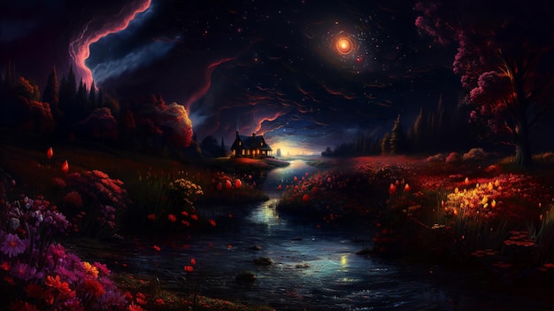 painting of a dark night scene with a house and a stream generative ai