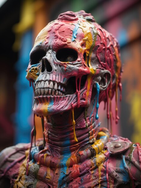 painting of a dead body painted in many colors on the skeleton