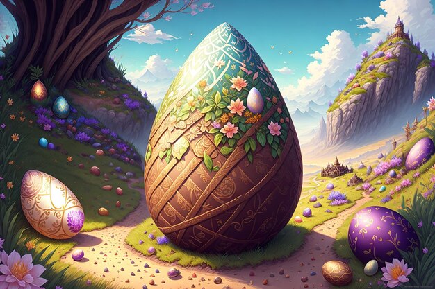 A painting of a decorated easter egg with flowers on it