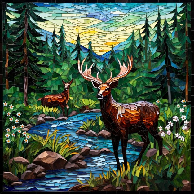 a painting of a deer and a deer in the woods.