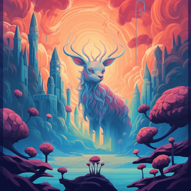 A painting of a deer in a fantasy landscape with a castle in the background generative ai