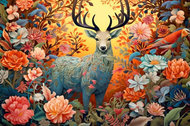 Картина оленя в поле цветов с птицами, генеративный ИИ