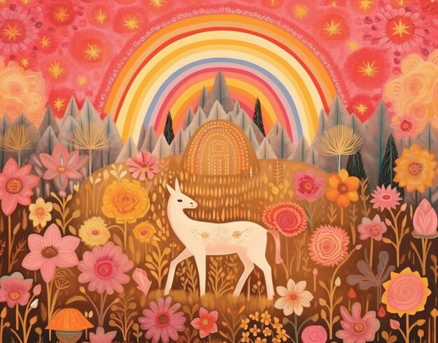 Painting of a deer in a field with flowers and a rainbow generative ai