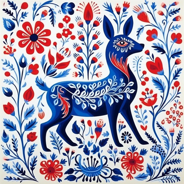 Photo painting of a deer in a floral pattern with red and blue flowers generative ai