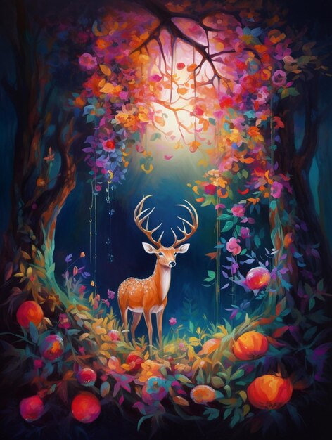 A painting of a deer in a forest with flowers and leaves.