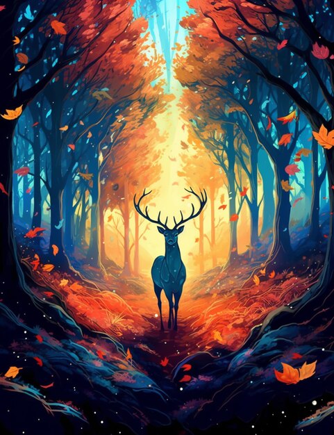 A painting of a deer in a forest with leaves on the ground generative ai