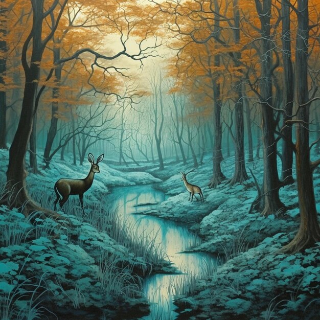 painting of deer in a forest with a stream in the foreground generative ai