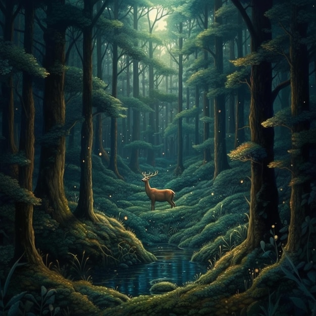 painting of a deer in a forest with a stream of water generative ai