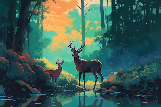 A painting of a deer in a forest with the sun shining on it.