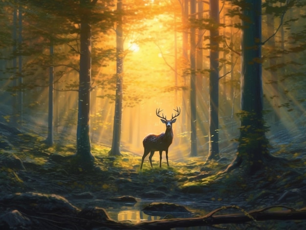 Картина оленя в лесу с солнцем, сияющим сквозь деревья
