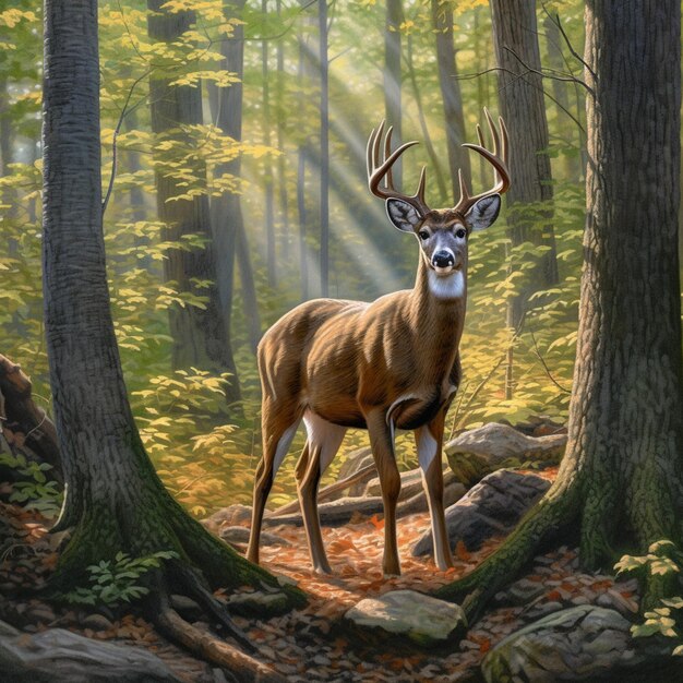 Painting of a deer in a forest with sunbeams and trees generative ai